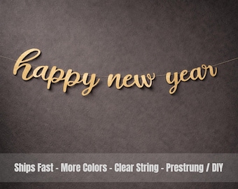 Banner cursivo de Feliz Año Nuevo / Banner de fiesta de Nochevieja con purpurina dorada l Decoración de Año Nuevo / Suministros para fiesta de Nochevieja
