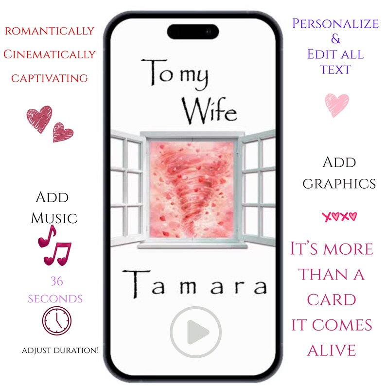 Pu&ograve; includere: Uno schermo di smartphone mostra una carta digitale con la scritta "To my Wife" sopra l'immagine di una finestra aperta. La carta include il nome "Tamara" e un pulsante di riproduzione. Il testo include "Aggiungi musica" e "Aggiungi grafica."