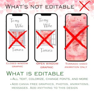 Pu&ograve; includere: Immagine che mostra tre mockup di smartphone. Il testo "To my Wife" e il nome "Tamara" sono visibili. I primi due telefoni mostrano grafiche di finestre con croci rosse, mentre il terzo mostra un'animazione di tornado rosa, anch'essa barrata. Il testo "WHAT'S NOT EDITABLE" &egrave; in alto.