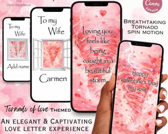 Mall för alla hjärtans dag e-kort | Digitalt Alla hjärtans dag-kort med Tornado of Love, redigerbart kärleksbrev, romantiskt videokort, direktnedladdning