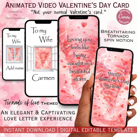 Valentine’s Day eCard Template | Tornado of Love Valentines Day Digital card  | Editable Digital Valentine Love Letter | Instant Download