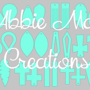 May include: A set of 20 turquoise blue earring templates for crafting. The templates are in various shapes, including teardrop, oval, leaf, and cross. The text "Abbie May Creations" is visible in the image.