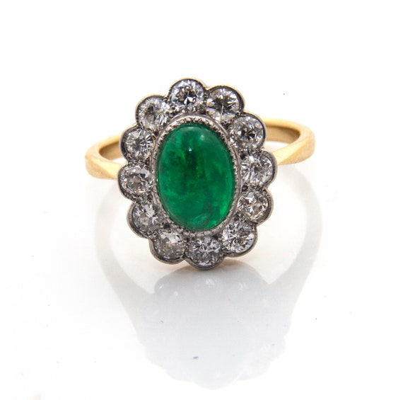 Emerald Diamond Engagement Ring, Emerald Cabochon