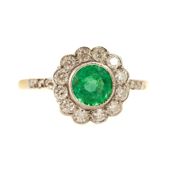 GENUINE Vintage round natural emerald and diamond halo cluster engagement ring set in 18k gold