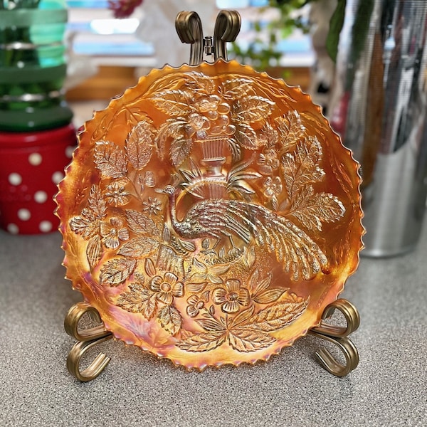 Rare Vintage Carnival Glass Fenton Peacock and Urn Plate in Marigold