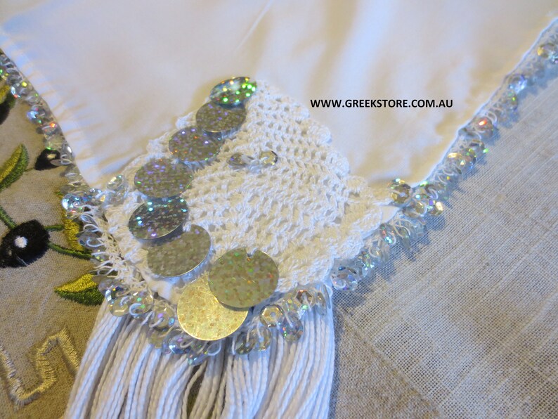 Silver sequined square headkerchief for traditional Greek costume image 1