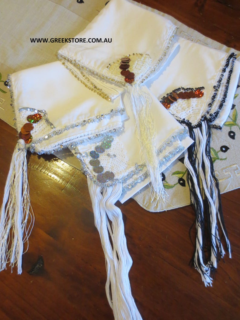 Silver sequined square headkerchief for traditional Greek costume image 5