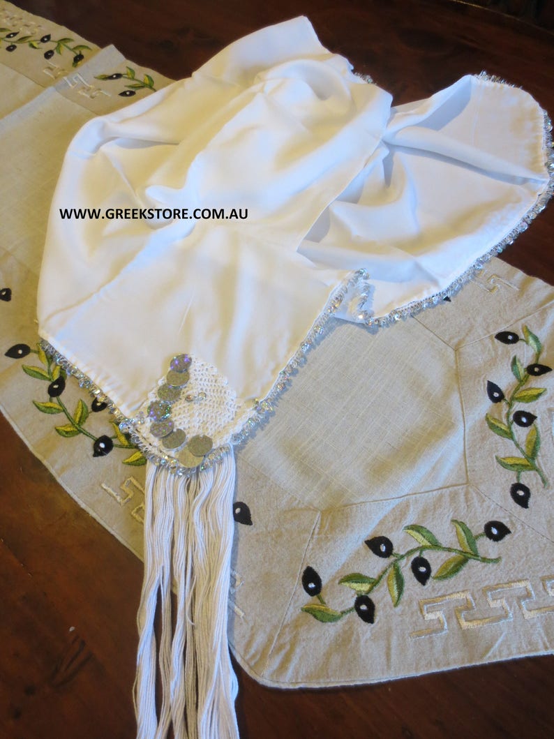 Silver sequined square headkerchief for traditional Greek costume image 3