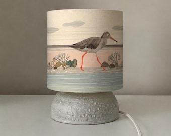 Handmade Pebble-Inspired Table Lamp with Sandpiper Lampshade | Coastal Nature Lamp | Rustic Shelf Lighting