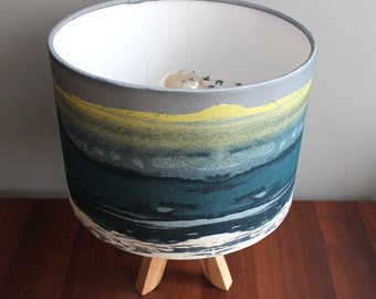 Lampshade With Shoreline and HIDDEN oystercatchers design/ Blue/Turq and Green