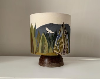 Handmade Woodland Table Lamp | Pine Forest, Buzzard Artwork, Scottish Landscape Lighting