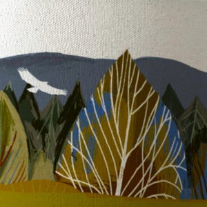 May include: A stylized painting of a landscape with a white bird flying over a blue mountain range. The foreground features a cluster of trees with brown branches and green leaves.