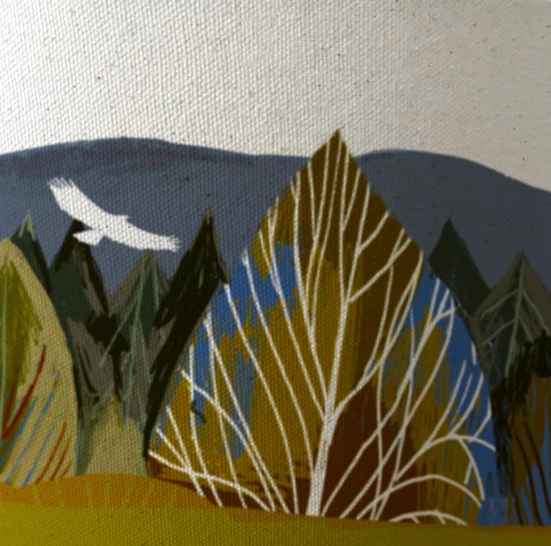 May include: A stylized painting of a landscape with a white bird flying over a blue mountain range. The foreground features a cluster of trees with brown branches and green leaves.