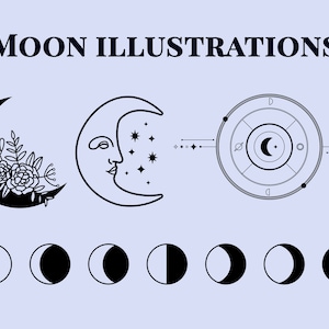 Moon Illustrations | Vector Graphics | Instant Digital Download | Lunar Cycles & Phases | Moon and Stars | Digital Clipart | SVG | PNG | EPS