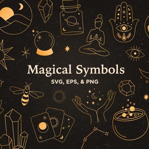 Magical Symbols Clipart: Gold, Black & White Line Art (SVG, PNG, EPS)