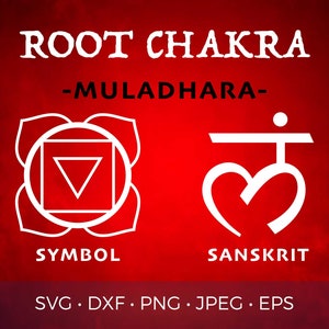 May include: A red background with white text that reads "ROOT CHAKRA -MULADHARA-."  The image also includes two white symbols. The symbol on the left is a triangle inside a square inside a circle. The symbol on the right is a stylized heart with a line above it. The text "SYMBOL" is below the left symbol and the text "SANSKRIT" is below the right symbol.