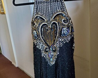 Gorgeous Black Sequined, Hand Beaded Evening Gown.   100 % Silk. Beautiful Prom,Special Occasion, Wedding, Party Dress