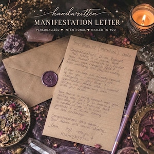 May include: A tan paper letter with handwritten text titled MANIFESTATION LETTER, featuring a purple wax seal on a matching envelope. The letter reads: Your Name, Intention, date, Congratulations Divine Beloved, This letter is a signal that your desired intention has landed within your energetic field and is now unfolding into physical reality. A new timeline has already opened up for you. Circumstances are realigning in your favor and opportunities, people, ideas and inspired actions are magnetizing into with your desire. Your desire is being formed into your reality now. Isn't it so amazing? How does it feel? Know all that is needed of you is to trust in yourself and in divine timing for full anchorage. Congratulations once again, Your desire will arrive shortly, love, Mayu HIGHLYMYSTIC.