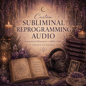 Puede incluir: Un gráfico digital con el texto Custom SUBLIMINAL REPROGRAMMING AUDIO, Personalized Affirmations, ASMR, Reiki y Tailored to Your Intentions. Se muestran un libro abierto, auriculares, velas, cristales y una pila de libros.