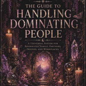 May include: A book cover titled THE GUIDE TO HANDLING DOMINATING PEOPLE: A UNIVERSAL SYSTEM FOR ROOMMATES, FAMILY, PARTNERS, FRIENDS, AND WORKPLACES. The dark purple background features glowing candles, crystal clusters, a crystal ball, and a central archway.