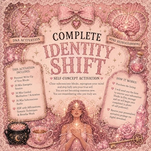 May include: A pink-toned digital graphic titled Complete Identity Shift featuring a central illustration of a person with long hair, surrounded by icons of a DNA strand, a brain, a potion bottle, a cauldron, a teacup, a key, and crystals.