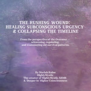 May include: A book cover with a soft, blurred background in shades of purple and blue. The title reads "THE RUSHING WOUND: HEALING SUBCONSCIOUS URGENCY & COLLAPSING THE TIMELINE." Text below describes the book's perspective and author, Mariah Raine.