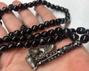 Rare Antique Natural Untreated Saudi Arabia Black Coral Prayer Beads Tesbih Yusr Rosary Beads from 1800s