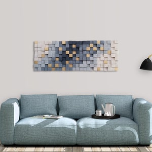 Decoração de parede de madeira em cinza e dourado, arte de parede moderna para decoração de sala de estar, escultura de parede de madeira, mosaico de parede de arte em madeira, arte de parede 3d