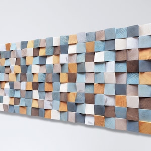 Blauwe en zilveren houten muurkunst voor woonkamerinrichting, rustieke houten muursculptuur voor moderne inrichting