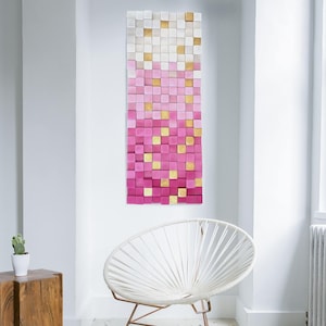 Pink wall sculpture art, pink and gold wood wall art, original acoustic diffuser, wall decor