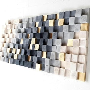 Arte de parede abstrata em tons de cinza e dourado – Escultura de parede em mosaico de madeira, painel decorativo 3D
