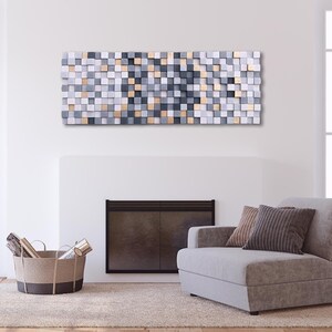 Wood wall art Gray and Gold, wooden mosaic wall art, abstract wooden wall decor, modern abstract wood wall art for living room wall decor