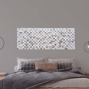 Large wood mosaic, large wall sculpture in white off with gold and silver touches; large wood art wall hanging for rustic decor, wall decor