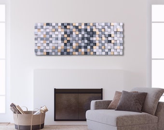 Décor abstrait en bois de mur gris et or, art abstrait moderne de mur de bois pour la décoration de mur de salle de salon