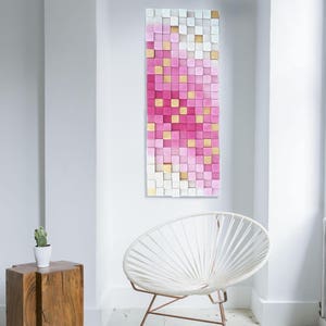 Rustic wood wall art, reclaimed wood wall sculpture, wooden wall decor, wooden mosaic, modern wood art wall hanging, pink and gold wood art