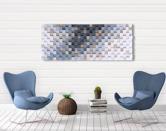 Original wood mosaic in gray and white with gold touches; wooden geometric art for wall decor