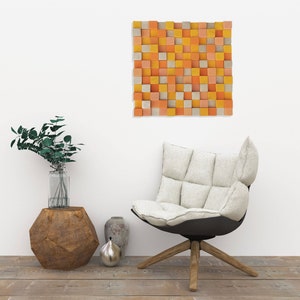 3d wood wall installation in shades of orange, original wooden installation for living room decor, wood wall panel art for sound conditioner