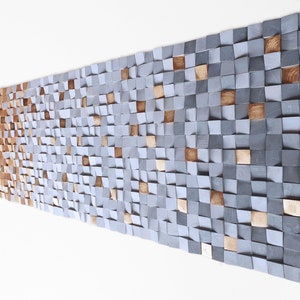 Wood wall art in gray and gold, modern wood mosaic sculpture, 3d wall art decor for living room decor