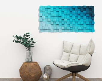 Rustikales Wanddekor aus Holz, 3D Wandkunst, Holzwandskulptur, Holzmosaik, moderne Holzkunst Wandbehang, blaues Meer