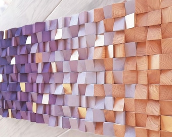 Wandkunst aus lila Holz – 3D-Mosaik-Farbverlaufsskulptur mit goldenen Akzenten