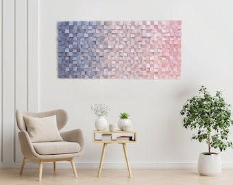 Wandkunst aus Holz für modernes rustikales Dekor, blau und rosa Töne, Wanddeko für Wohnzimmer, Wohn- und Bürodekor, Geschenke und Innenakzente