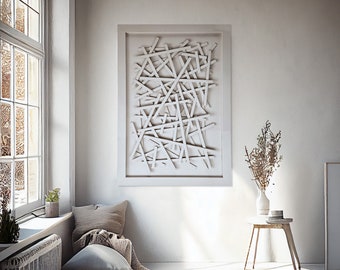 Weiße 3D Wandkunst für minimalistischen Dekor, minimalistische Holz Wand Kunst groß in off-white, original Holz Latten Wandplatte für moderne 3D Wanddekoration