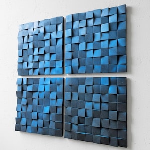 Blue Gradient Wood Wall Art – Modern 3D Abstract Sculpture Set of Four