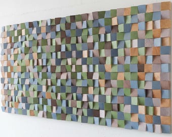 Reclaimed Wood Wall Sculpture, Modern Rustic Decor, Blue Green Tones