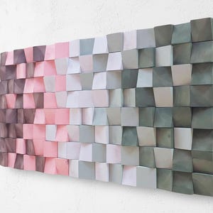 Arte mural moderno de madera rústica: Difusor acústico, mosaico marrón, gris, rosa y verde