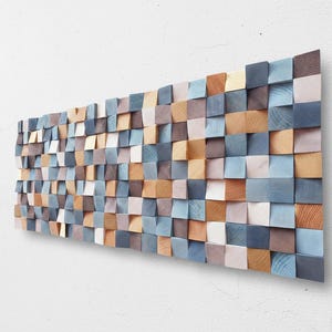 Blauwe en gouden houten muurkunst — Rustieke houten muursculptuur voor moderne woonkamers