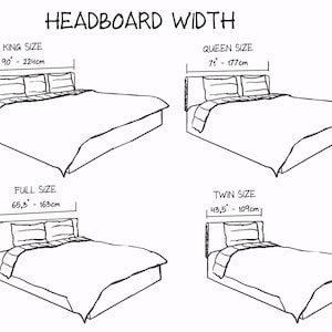 May include: A diagram showing the headboard width of different bed sizes: King (90 inches or 224 cm), Queen (71 inches or 177 cm), Full (65.3 inches or 163 cm), and Twin (43.5 inches or 109 cm).