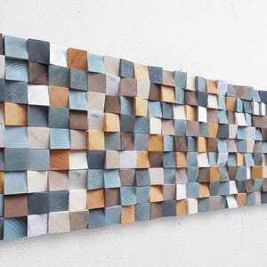 Blauwe en zilveren houten muurkunst — Rustieke moderne houten mozaïekmuursculptuur
