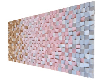 Grande oeuvre d'art murale en bois aux couleurs douces, cube d'art mural en bois moderne pour une grande décoration murale, gris et rose poudré avec d'élégants accents blancs