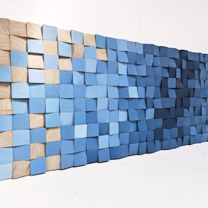 Abstract wood wall art in shades of blue and natural wood, Modern blue landscape for living room decor